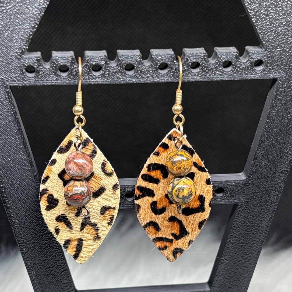 Handmade Leopard Jasper and Cheetah Calf Hair Earrings southwestern boho